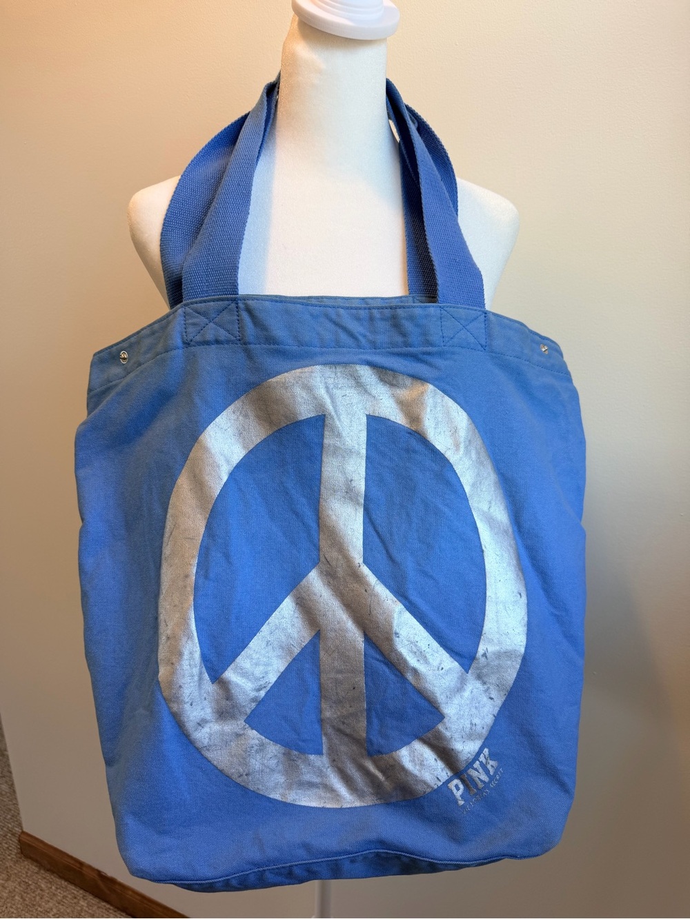 PINK Victoria's Secret Blue Canvas Tote with Silver Peace Sign - VINTAGE